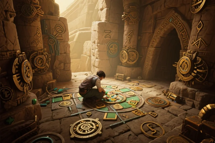 一位玩家正专注地解开古代遗迹中的谜题，四周布满神秘符号和机关